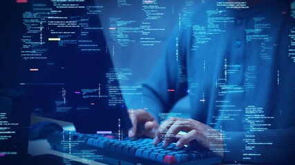 A developer types on a computer with glowing code and binary symbols overlay, symbolizing programming, software development, cybersecurity, and digital technology.