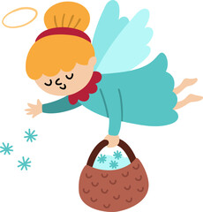 Wall Mural - Vector cartoon Christmas angel with halo spreading snowflakes from the basket. Cute new year symbol clipart or illustration for kids. Winter holiday cherub icon isolated on white background
