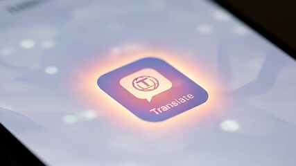 A phone screen displays a translate app icon glowing with purple and orange light
