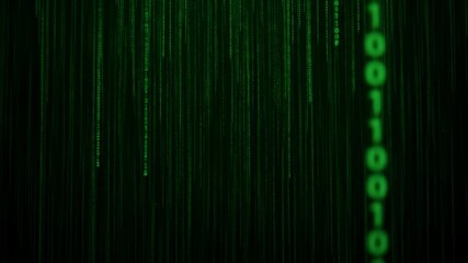 Digital rain of binary code falling down in green, abstract technology background animation