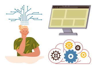 Person thinking with connected lines, monitor displaying interface, and cloud with gears symbolizing technology, data, and innovation. Ideal for problem-solving, brainstorming, creativity, software