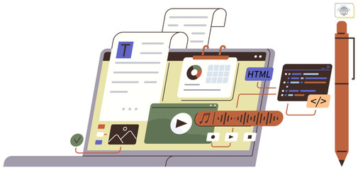 Laptop screen features HTML code, charts, images, text, video playback, and music editing interface. Ideal for technology, coding, multimedia content creation design education simple flat metaphor