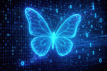 Digital butterfly made of glowing blue binary code on a dark background technology