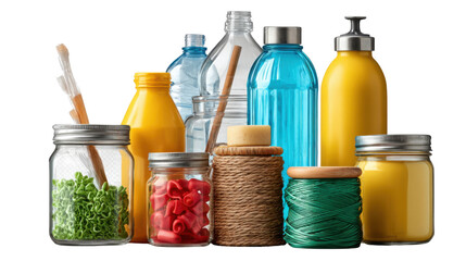 Colorful Collection: An array of clear and vibrantly colored glass and plastic containers filled with varying textures, creating a stunning display of everyday objects. 