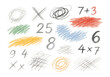 © OMD - Collection of hand-drawn scribbles, numbers, and abstract calculations using pencil, crayon, and ink.