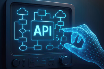 futuristic digital hand interacting with api flowchart on glowing screen application programming int