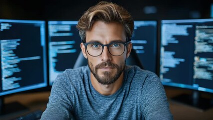 Focused programmer with glasses in tech savvy workspace, coding on multiple computer screens