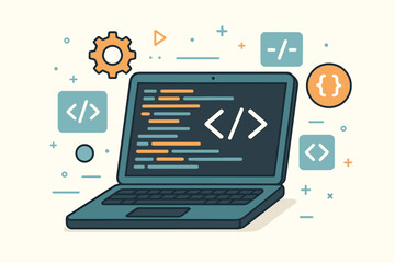 computer programming, coding concept. software web development. laptop computer with code on screen.