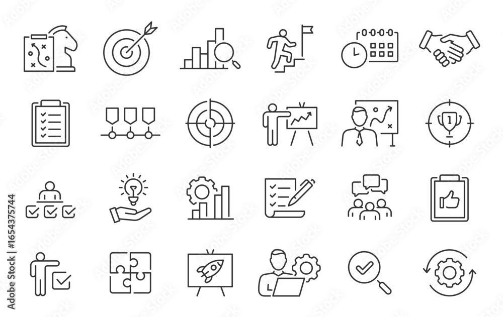 Action plan web icon set in line style. Schedule, plan, implementation ...