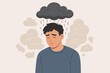 © Judy - Male depression concept. Depressed man with sad face. Dark cloud over head metaphor. Mental health issue. Psychology. Negative thoughts, anxiety, stress, burnout, sorrow.