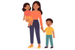 © Vector - Single mother with two children, a son and a daughter. Mom holding little girl and walking with boy. Happy family and motherhood concept. Isolated flat design vector illustration.