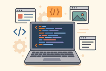 Web programming and development with laptop showing code language on screen. Website elements, UI UX design, and app creation process. Software engineering, coding concept vector.