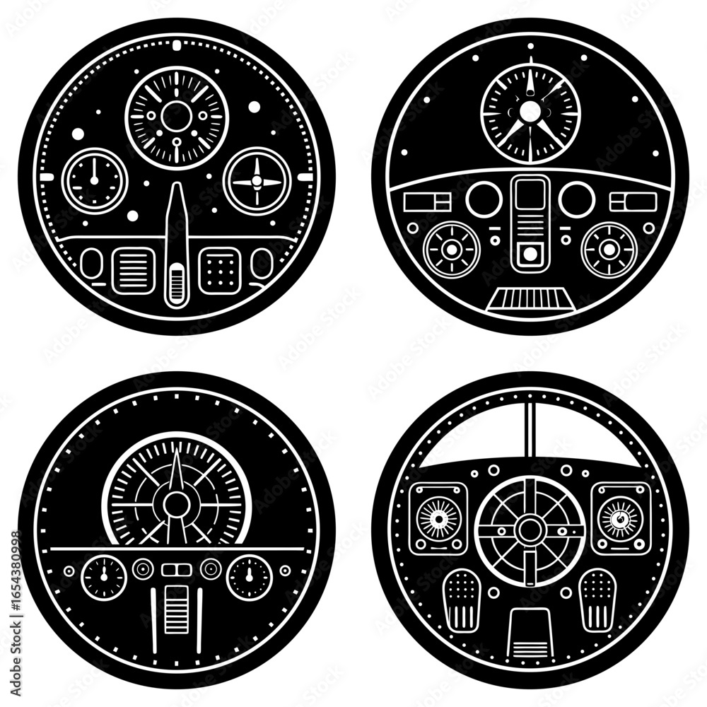 Illustration of four different black and white airplane cockpit ...