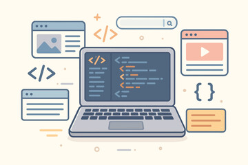 Web development vector illustration. Laptop computer with programming code on screen. Website UI UX design elements. Front-end and back-end app creation concept. Digital tech.