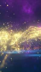 Wall Mural - abstract field of golden particles floating across a purple and blue cosmic background, creating a d
