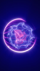 Wall Mural - abstract glowing digital sphere composed of purple and blue particles, highlighted by dynamic pink w