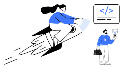 Woman on rocket zooming forward, developer holding lightbulb and suitcase near code window. Ideal for innovation, tech startups, creativity, development, entrepreneurship, growth success. Flat