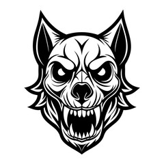 Wall Mural - Black and white icon of an angry wolf head with bared fangs isolated on white background. Vector illustration.
