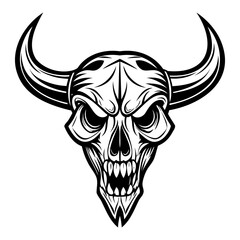 Wall Mural - Black and white vector illustration of an evil bull skull with horns isolated on white background.