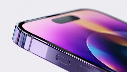 Detailed close-up of a modern smartphone with a vibrant, purple display
