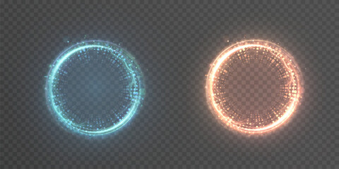 Wall Mural - abstract glowing rings of blue and orange colors on transparent background with electric lightning e