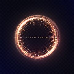 Wall Mural - glowing golden ring frame with dotted particles and electric arcs on dark background. luminous circu