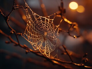 Spider web string between skeletal branches, dewdrops catching amber lantern light. Cozy autumn mood. Fall warm vibes wallpaper, backdrop, background