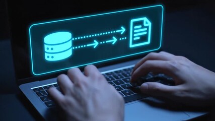 Person Typing on Laptop with Glowing Data Transfer Icon in a Dark Room