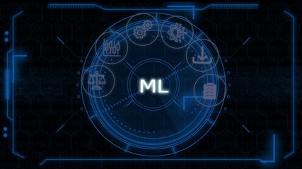 ML – Machine Learning. ML concept head up display (HUD UI) panel and futuristic technology abstract background