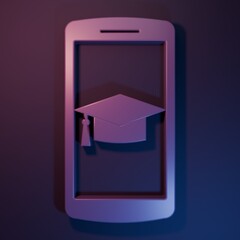 Wall Mural - purple graduation cap on screen smartphone icon isolated on purple-blue background. online learning 