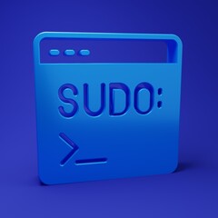 Wall Mural - Blue Code terminal icon isolated on blue background. Browser window with command line. Command panel. Programming coding. Notepad. Minimalism concept. 3D render illustration