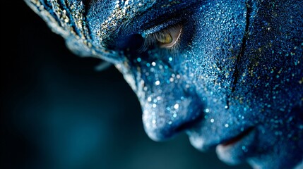Cybernetic human face made of data mesh, gradient fade for copy,