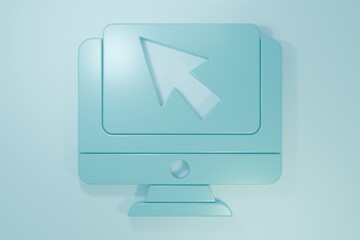 Wall Mural - Blue Computer monitor and cursor icon isolated on blue background. Computer notebook with empty screen sign. Minimalism concept. 3D render illustration