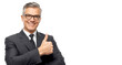© Ada - Business man isolated over white wall background posing showing thumbs up. confident and successful Caucasian businessman in his 40s or 50s. He is wearing a sharp black suit with a black tie.