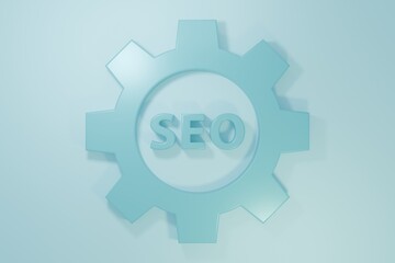 Wall Mural - Blue Seo tag with gear wheel icon isolated on blue background. Minimalism concept. 3D render illustration