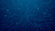 © AntonKhrupinArt - Abstract AI circuit board background. Tech pattern with chipset, semiconductors, and electronics components. Blue computer technology texture on a dark backdrop cover. Digital vector illustration.