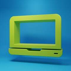 Wall Mural - green laptop icon isolated on blue background. computer notebook with empty screen sign. minimalism 
