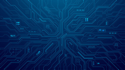 Wall Mural - Abstract AI circuit board background. Tech pattern with chipset, semiconductors, and electronics components. Blue computer technology texture on a dark backdrop cover. Digital vector illustration. 