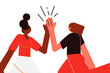 © Monika Jurczyk - Vector illustration of two women jumping and giving a high five. Celebration, teamwork, success, motivation, friendship, and collaboration concept in colorful flat character design. High res PNG