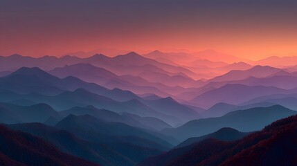 Wall Mural - Breathtaking landscape of layered mountain ranges at dusk. Receding hills are bathed in a serene haze of orange, pink, and purple gradients.