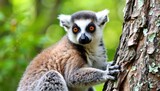 Ring tailed lemur clinging to a tree trunk in its natural habitat in madagascar
