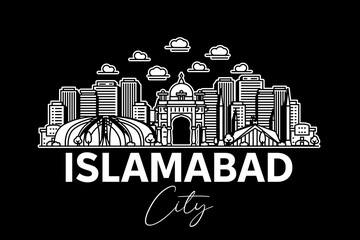 Wall Mural - Islamabad, Pakistan architecture line skyline illustration with shadows. Linear vector cityscape with famous landmarks, city sights, design icons.