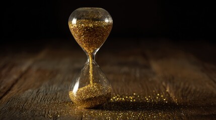 Canvas Print - glittering hourglass with golden sand on rustic wooden background