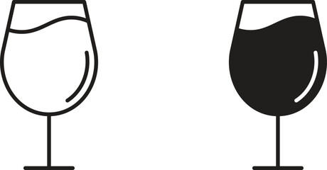 Two simple wine glass icons, one line art and one filled, isolated on white.