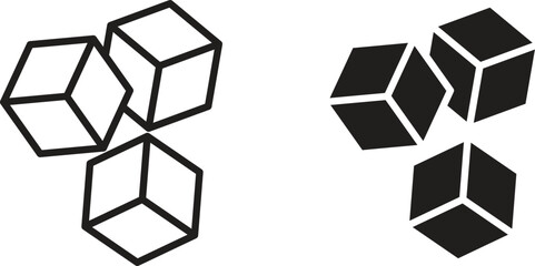 Abstract image featuring three cubes in both line art and solid black versions, isolated on white.