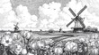 © Halina - Vintage engraving landscape with Dutch windmills tulip field and cloudy sky rural countryside illustration