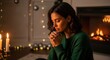 © Светлана Воротняк - Woman prayerfully poses indoors with fireplace and christmas lights creating christian family scene at home during holiday