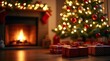 © Nayanika - A classic Christmas background with a glowing fireplace and a decorated tree with twinkling lights
