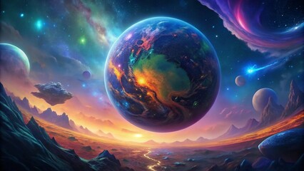 Wall Mural - a vibrant illustration of planet earth floats amidst an abstract cosmic landscape.