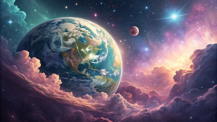 Wall Mural - a vibrant illustration of planet earth floats amidst an abstract cosmic landscape.